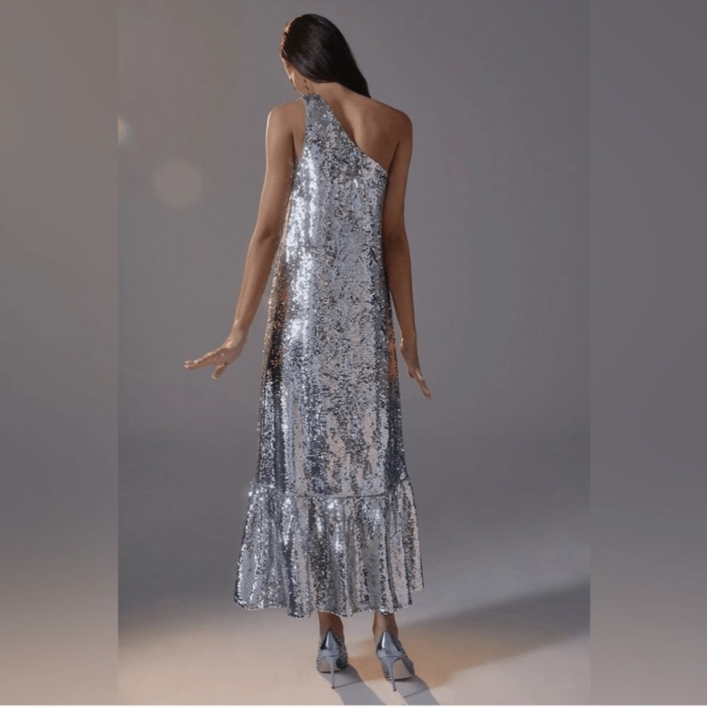 Anthropologie Silver Sequin One-Shoulder Midi Dress - Picture 3 of 8
